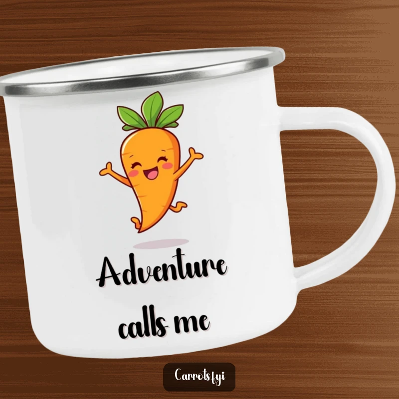 Funny Carrot Stick Camping Mug with a happy carrot character joyfully leaping, ready for outdoor enjoyment.