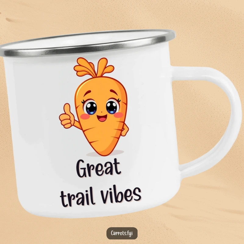 Funny happy carrot camping mug with big eyes giving a thumbs up, perfect for outdoor sipping with cheerful vibes.