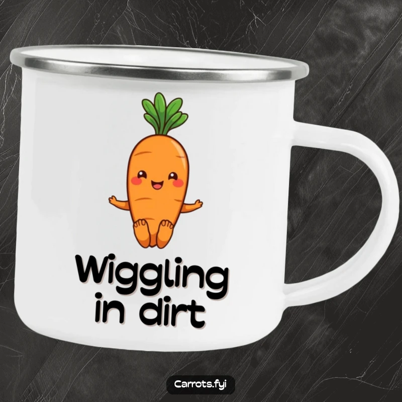 Funny smiling carrot camping mug with green leafy hair, joyfully wiggling its toes, perfect for outdoor sipping.