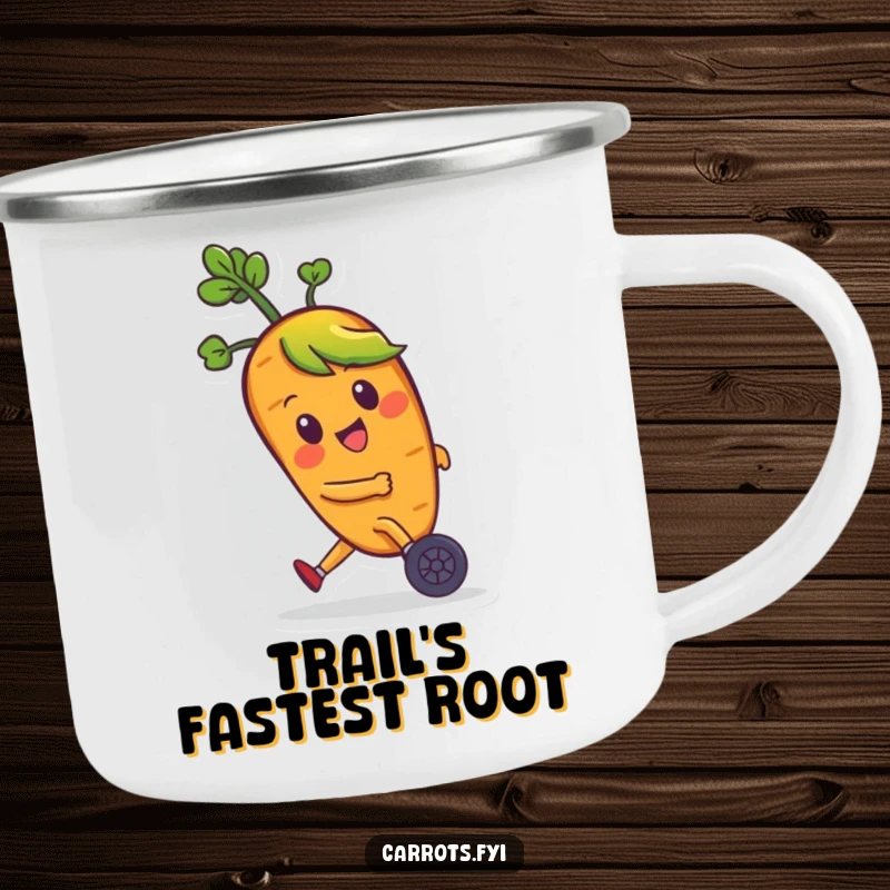 Funny camping mug featuring a happy carrot character with green hair zooming on tiny wheels, ready for outdoor fun.