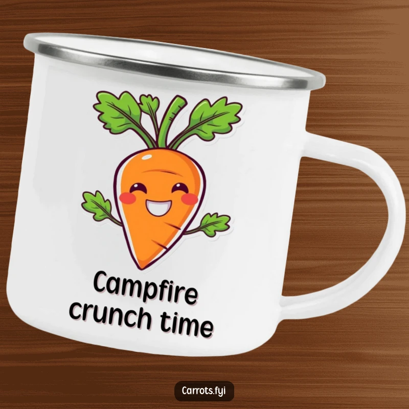 Funny camping mug featuring a carrot character with a comically wide smile, radiating crunchiness and cheerful vibes.