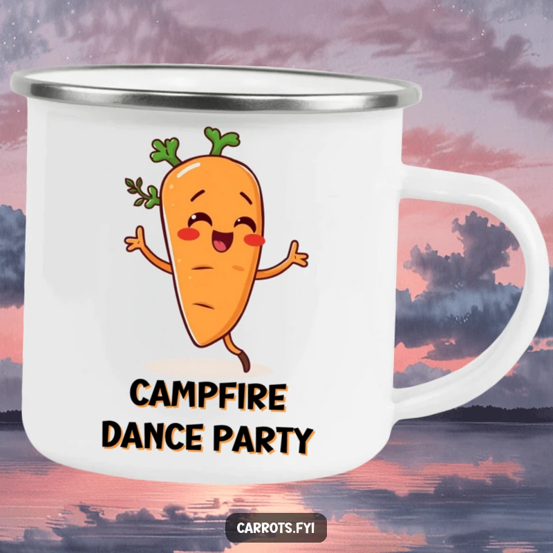 Funny camping mug with a carrot character doing a silly dance, seasoned with herbs, perfect for outdoor fun.