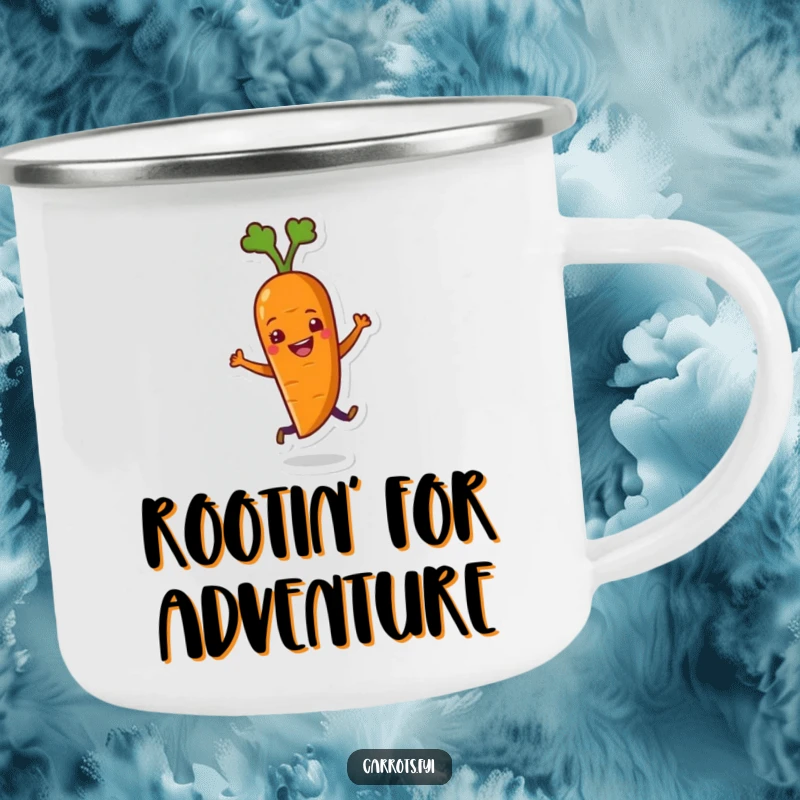 Funny camping mug featuring a carrot character dancing with glee, ideal for enjoying beverages during outdoor adventures with a laugh.