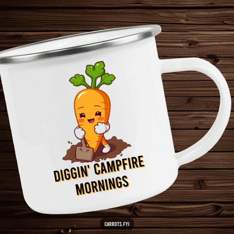 Funny camping mug featuring a carrot character in tiny gloves, happily digging the earth, ideal for outdoor enjoyment.
