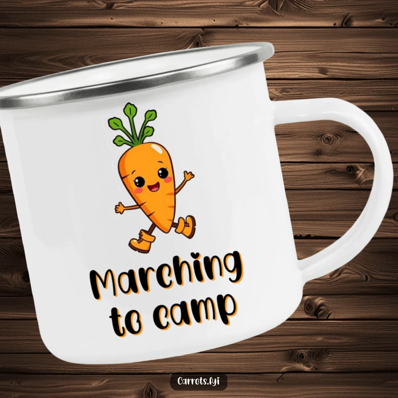 Funny camping mug featuring an anthropomorphic carrot character marching proudly in miniature boots, perfect for outdoor enthusiasts with a humorous, determined outlook.
