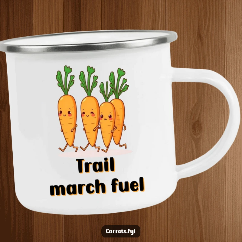 Funny Carrot Camping Mug: A robust mug featuring carrots marching in unison on their legs, ideal for humorous outdoor excursions.