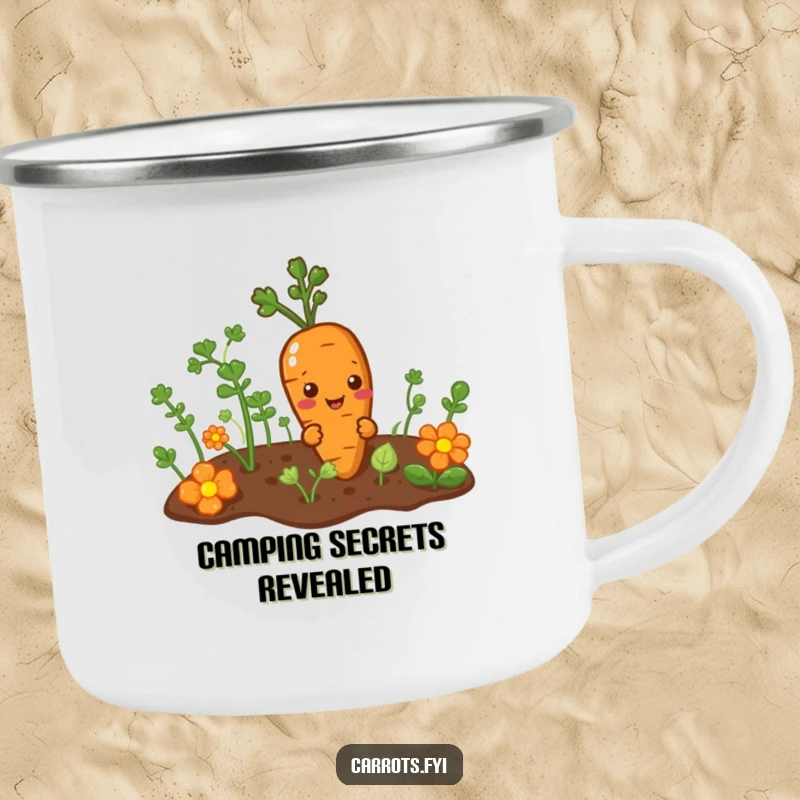 Funny enamel camping mug with a mischievous carrot character peeking from a garden patch, ideal for outdoor fun and playful moments.