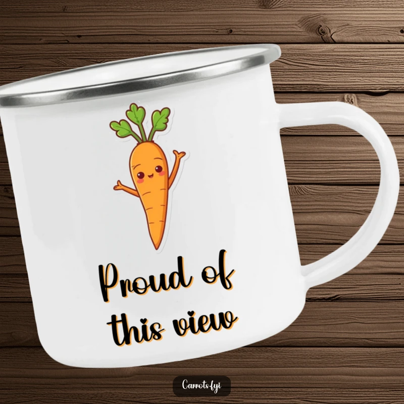 Funny camping mug with a proud carrot character standing with arms akimbo, ready for adventure.
