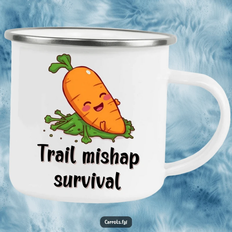 Funny carrot character slipping on greens on a sturdy camping mug, perfect for outdoor humor.