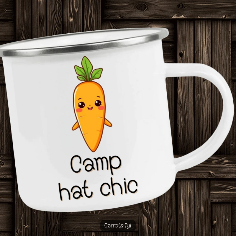 Funny camping mug with a carrot character proudly wearing a sprout hat, adding a stylish touch to outdoor adventures.
