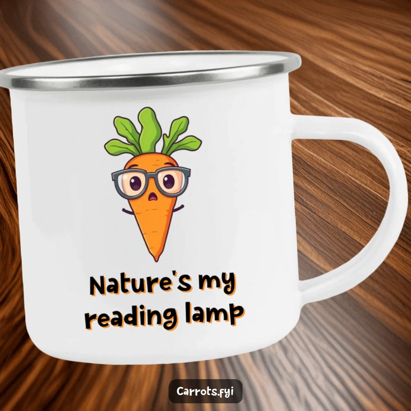 Funny camping mug with a surprised carrot character wearing oversized spectacles, ready for outdoor fun.