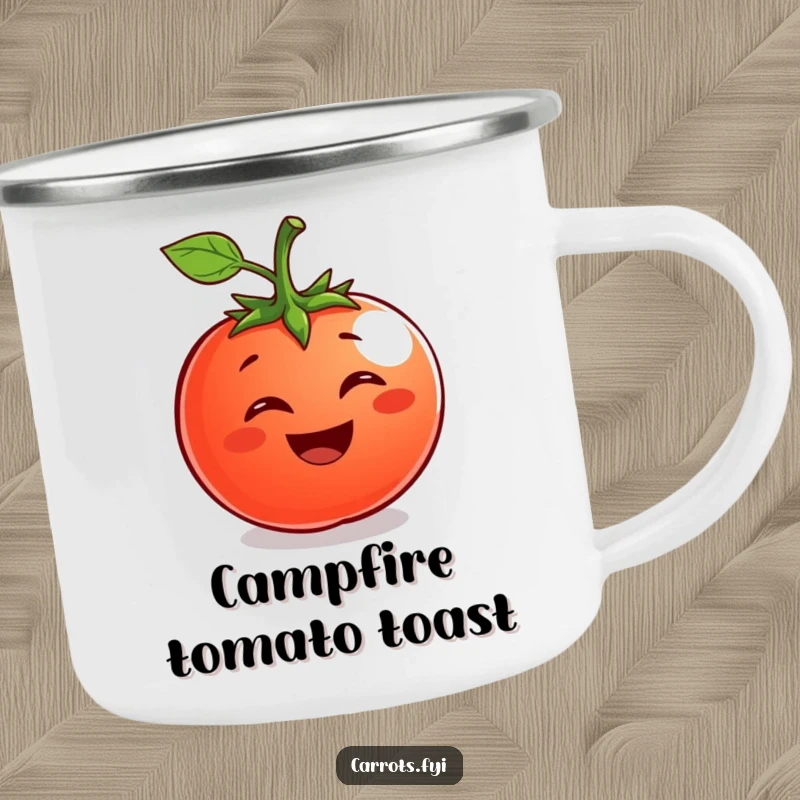 Funny Tomato Camping Mug: A durable enamel mug featuring a grinning tomato character, perfect for outdoor enjoyment.