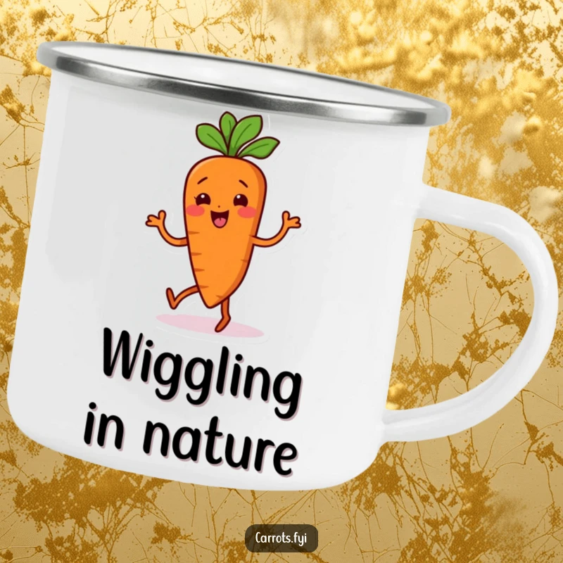 Funny Carrot Camping Mug: A durable mug with a carrot character doing a silly, wiggling dance, perfect for adventures.