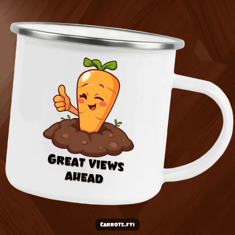 Funny Carrot Camping Mug: A durable mug with a carrot character winking and giving a thumbs up from the soil.