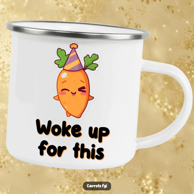 Funny and durable camping mug with a winking carrot character in a party hat, designed for outdoor fun and laughter.