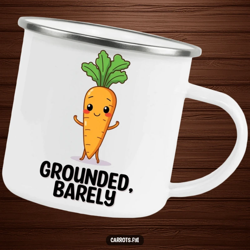 Funny camping mug depicting a wobbly carrot character humorously off-balance, perfect for outdoor humor.