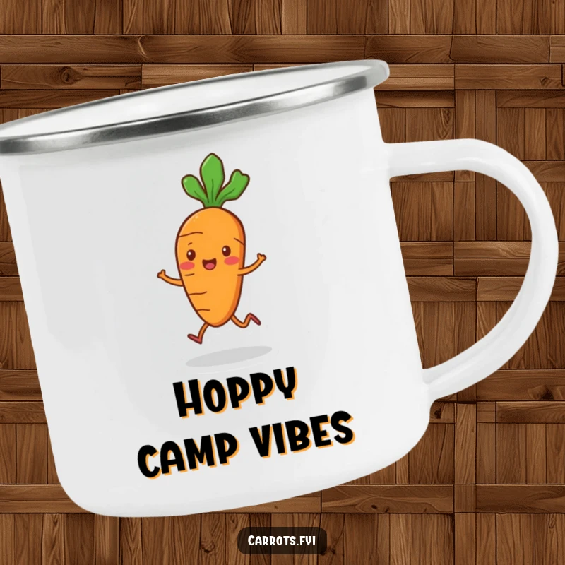 Funny playful carrot camping mug with small legs, merrily hopping, perfect for outdoor sipping with playful vibes.