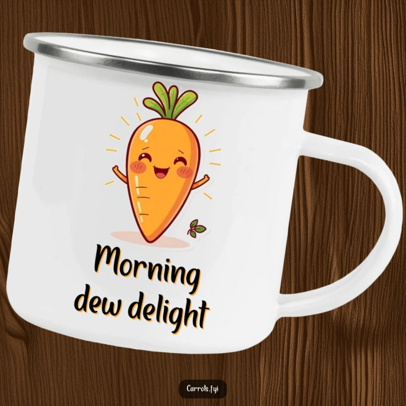 Funny camping mug featuring a smiling carrot character, radiating freshness and ready for adventures outdoors.