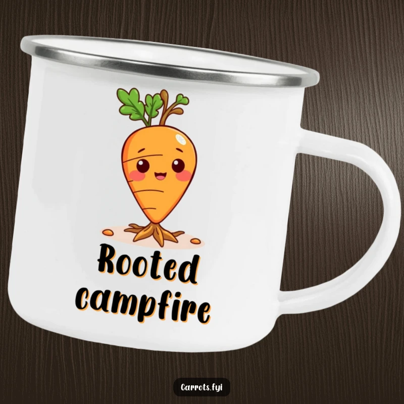 Funny camping mug showing a playful carrot character sprouting tiny roots, perfect for outdoor enthusiasts.