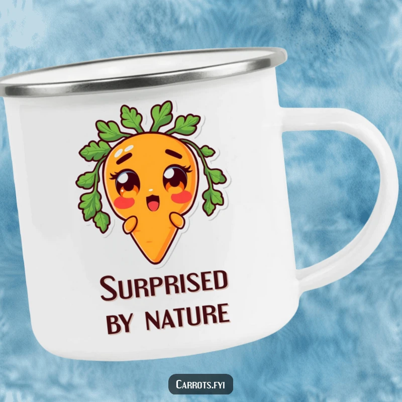 Funny camping mug featuring an anthropomorphic carrot character with comically wide orange eyes, perfect for outdoor enthusiasts who appreciate humorous surprise.