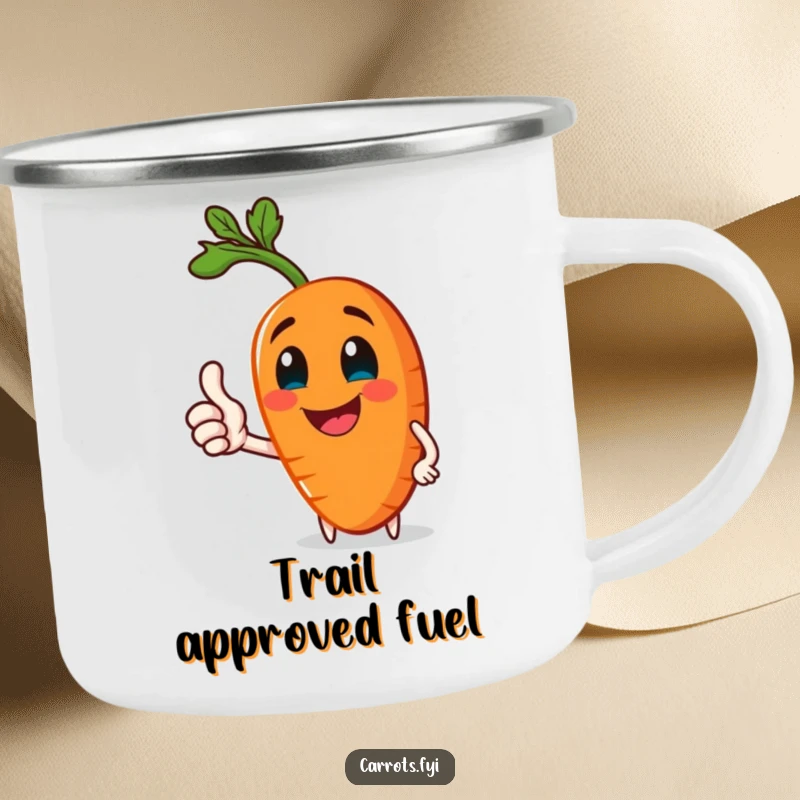Funny camping mug with a jolly carrot character giving a thumbs-up, ideal for enjoying drinks outdoors with humor.