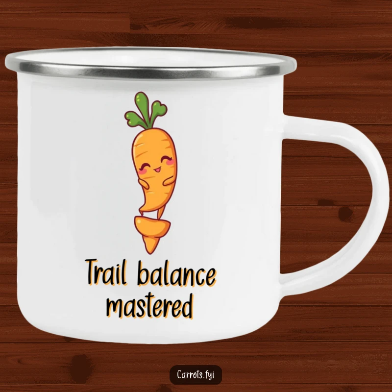 Funny camping mug showing a carrot winking and balancing perfectly on its tip, designed for outdoor humor lovers.