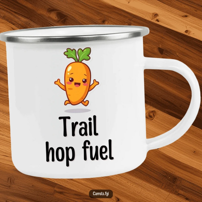 Funny Carrot Camping Mug: A durable enamel mug featuring a happily bouncing carrot character, perfect for outdoor enjoyment.