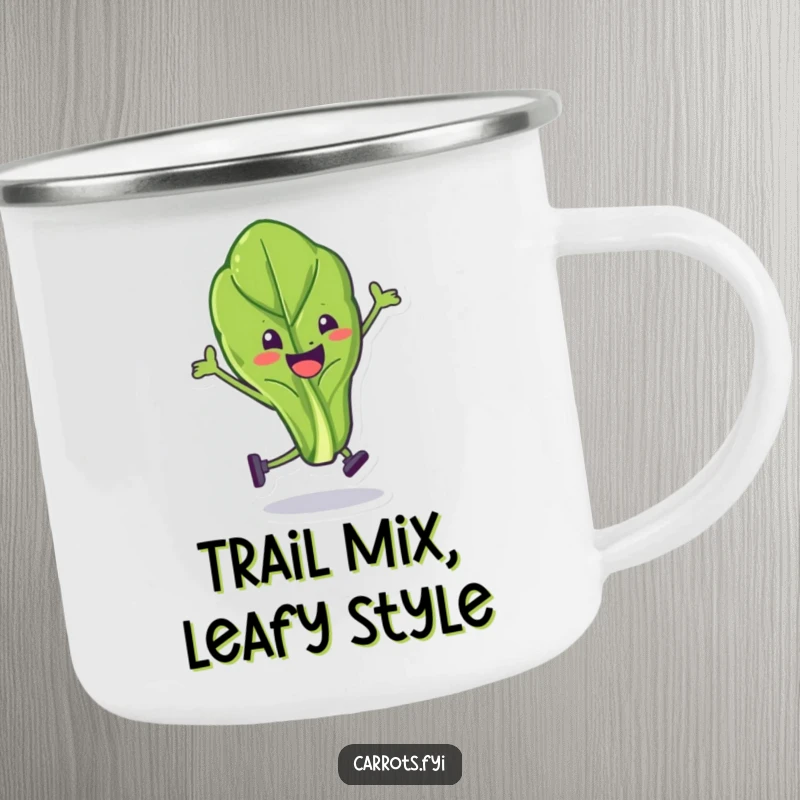Funny spinach leaf camping mug featuring a character mid-stunt, designed for outdoor enjoyment and comedic appeal.