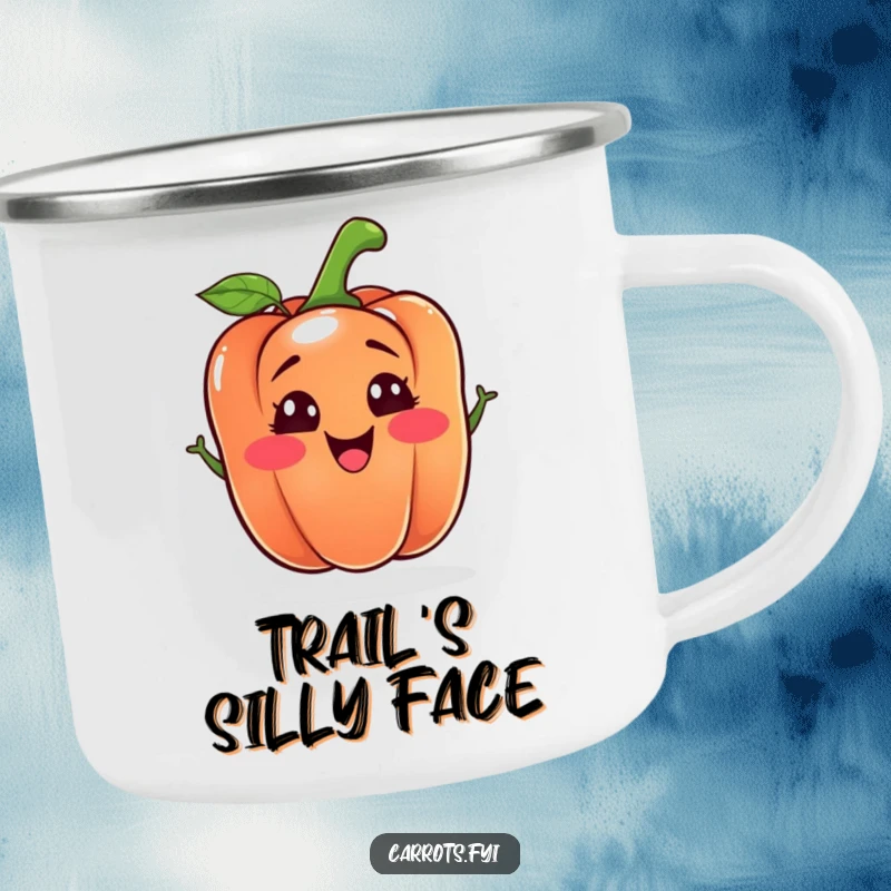 Funny bell pepper camping mug featuring a happy, silly-faced vegetable character, built for adventure and guaranteed smiles around the campfire.