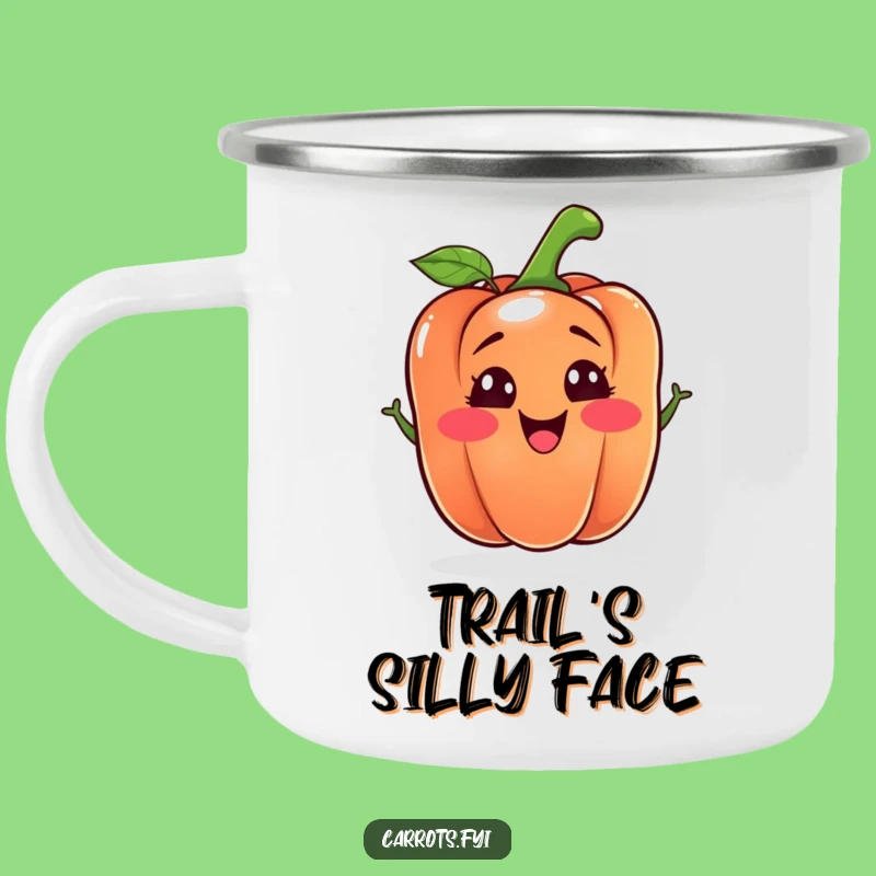 Funny Bell Pepper Camping Mug: Silly Face Enamel Veggie Cup, Outdoor Humor Gift