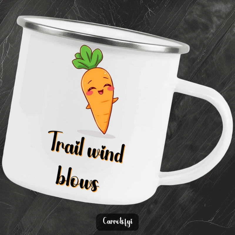 Funny camping mug showing a giggling carrot character enjoying a gentle breeze, perfect for nature lovers.