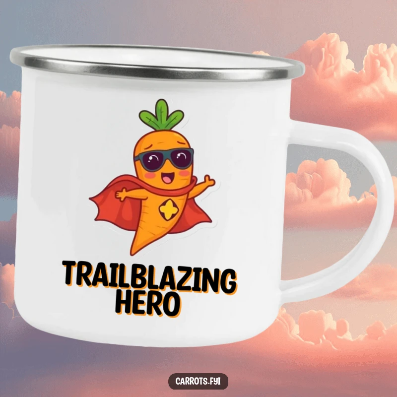 Funny carrot character in a superhero cape flying, a durable and humorous camping mug.