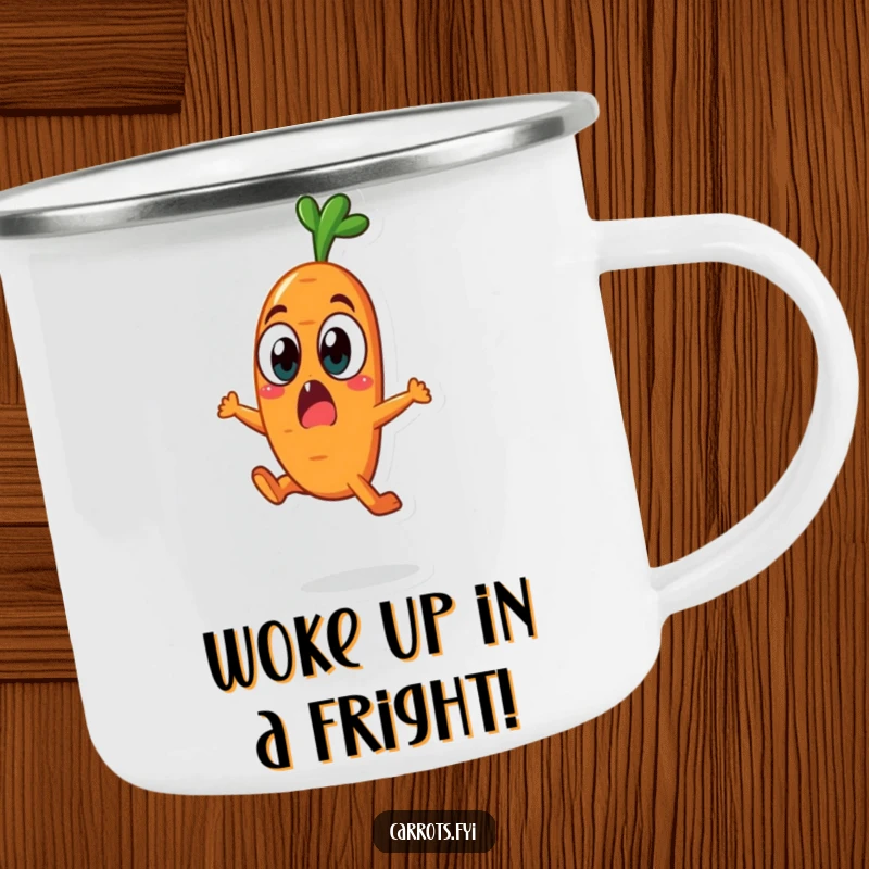 Funny carrot character in a surprised leap on a sturdy camping mug, perfect for outdoor humor.