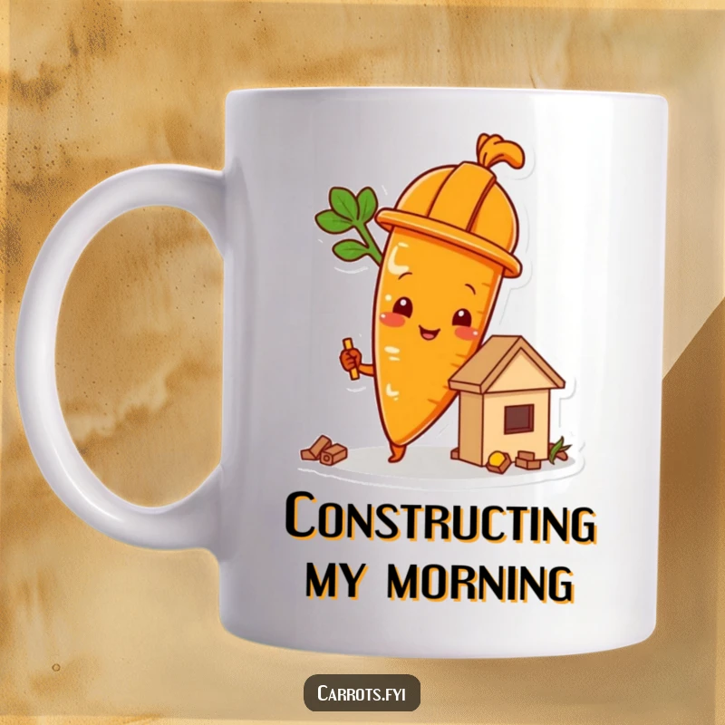 Funny carrot character wearing a hard hat, diligently building a small food structure, symbolizing creation.