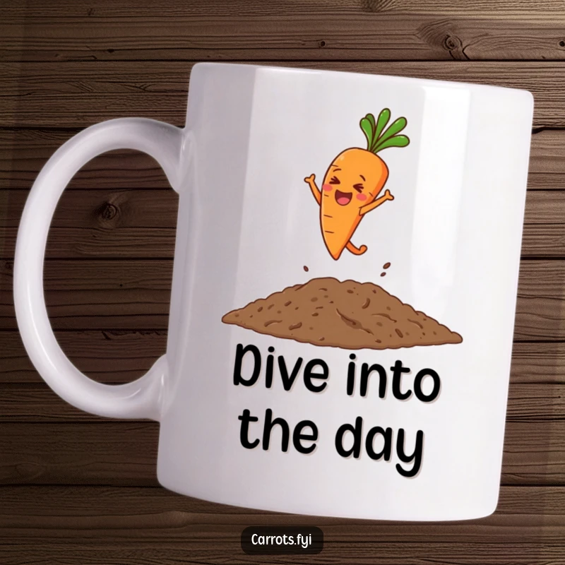 Funny mug depicting a joyful carrot character leaping headfirst into a soft pile of loose soil, full of playful abandon.