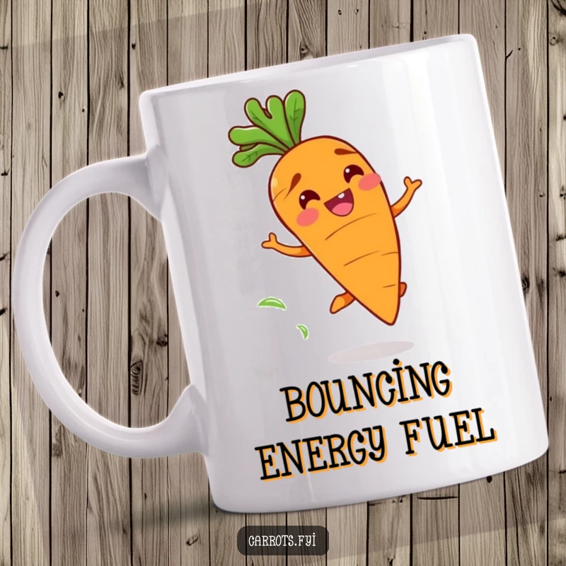 Funny mug featuring a happy carrot character with a wide grin bouncing playfully, radiating joy and freshness, a delightful funny gift.