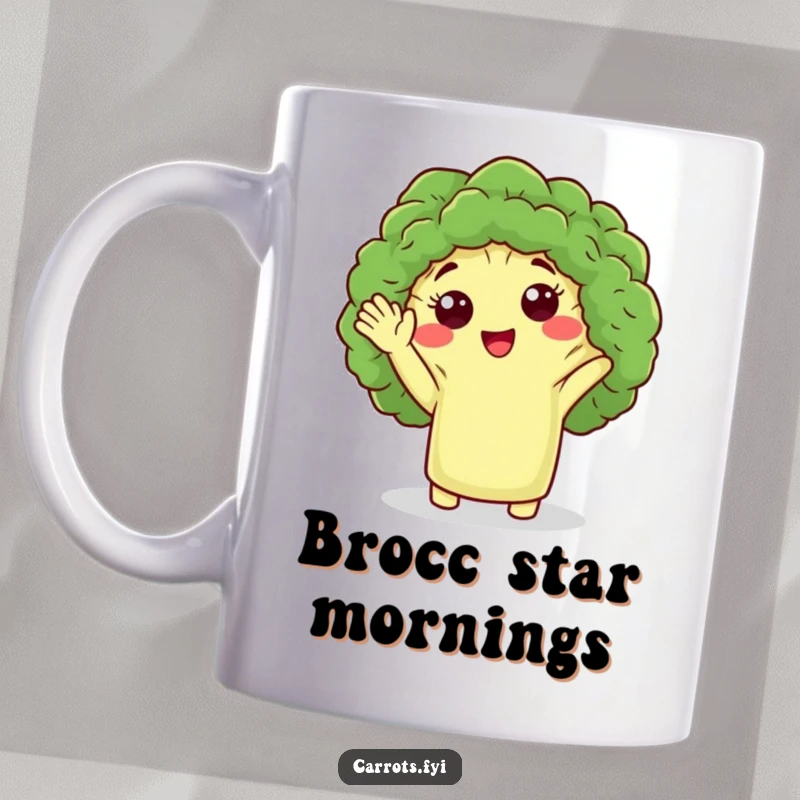 Funny mug with a cute broccoli floret character giving a friendly wave, perfect for a cheerful and humorous gift.