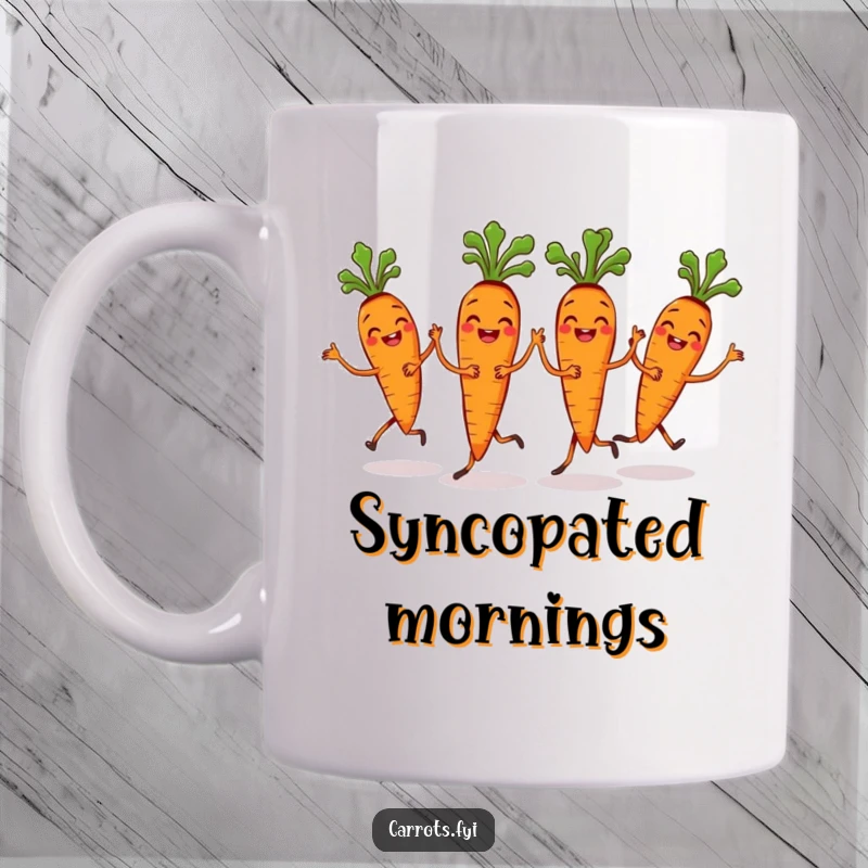 Funny Carrot Bunch Mug featuring a grinning bunch of carrots doing a synchronized dance, full of teamwork and cheer.
