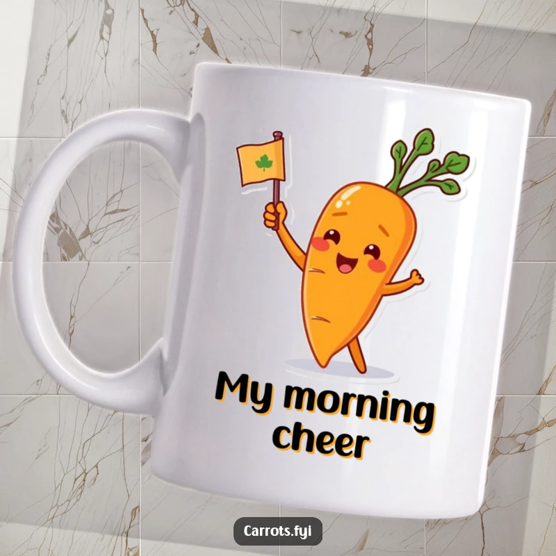 Funny carrot character energetically waving a small, leafy flag, embodying enthusiasm and vibrant support.