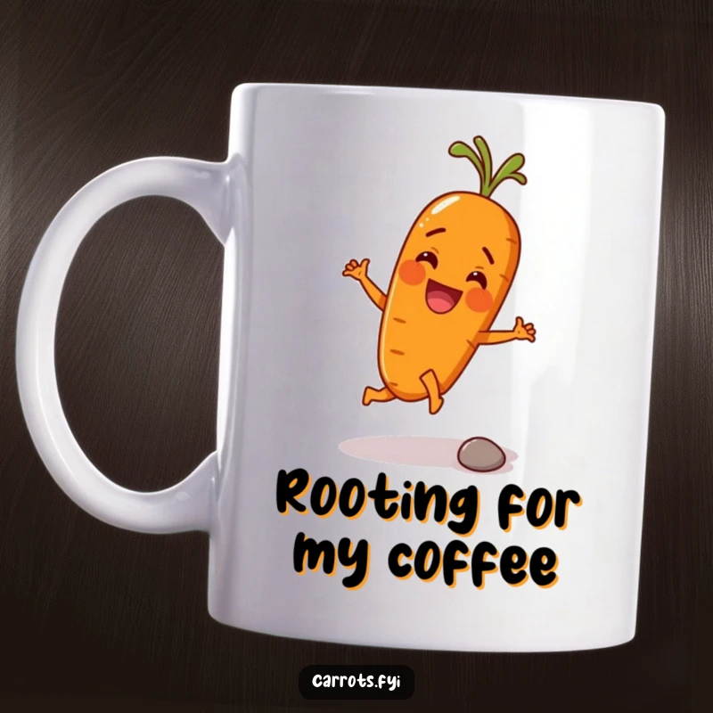 Funny mug featuring an anthropomorphic carrot character with a big smile, excitedly kicking a tiny pebble with its root, full of energetic fun.