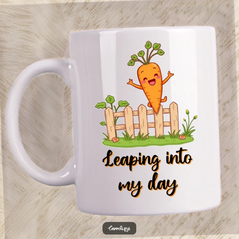 Funny mug showing an anthropomorphic carrot character joyfully leaping over a miniature garden fence, full of energy and carefree happiness.