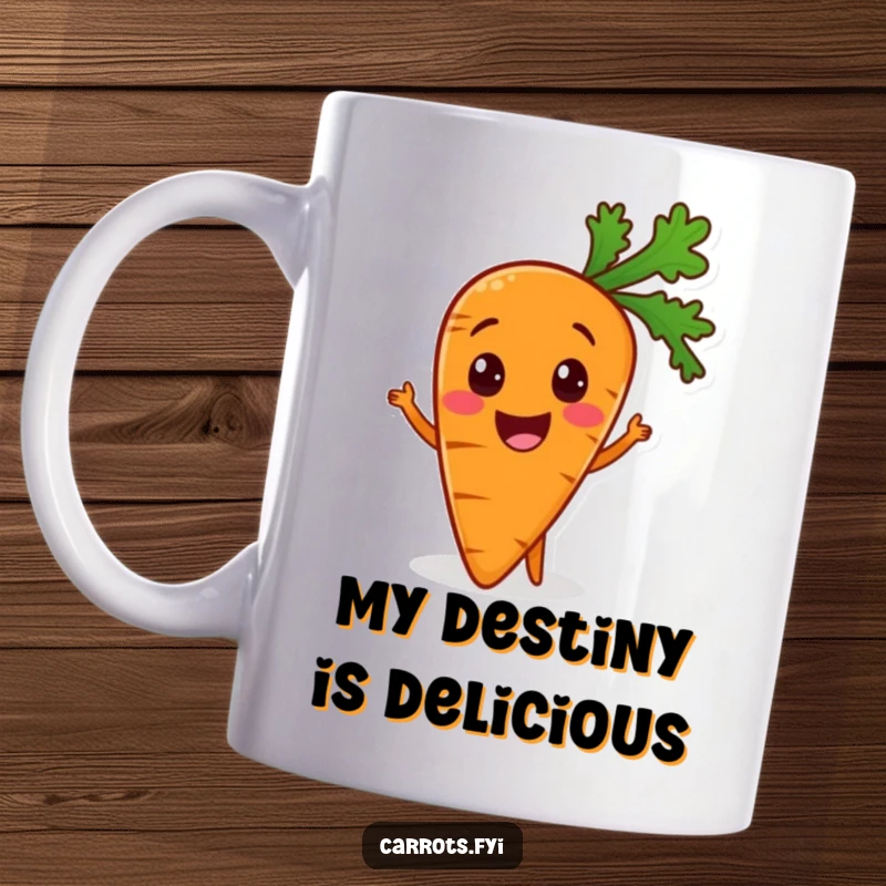 Funny mug featuring an ecstatic carrot character, ready and eager to be part of a nutritious meal, radiating pure joy.