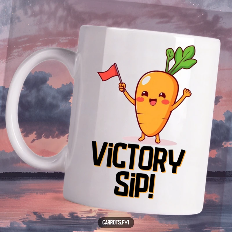 Funny Mug with a kawaii carrot character with tiny feet, excitedly waving a small flag, embodying pure joy and celebration.