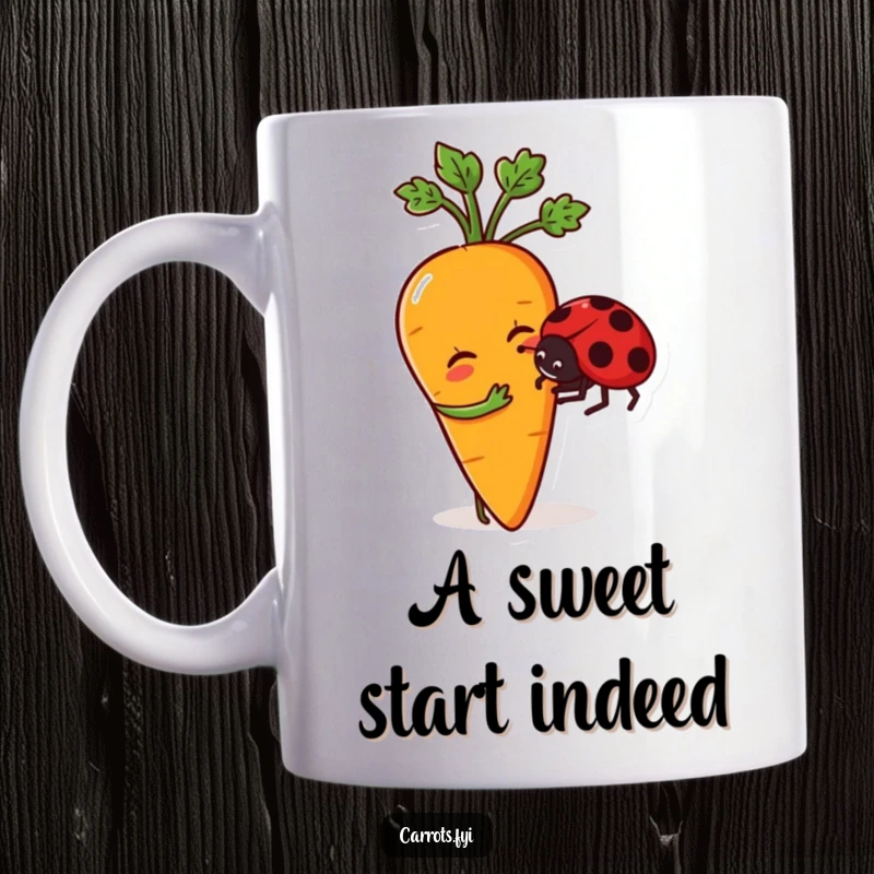 Funny mug with a charming anthropomorphic carrot character playfully nudging a friendly ladybug, depicting a heartwarming and humorous scene.