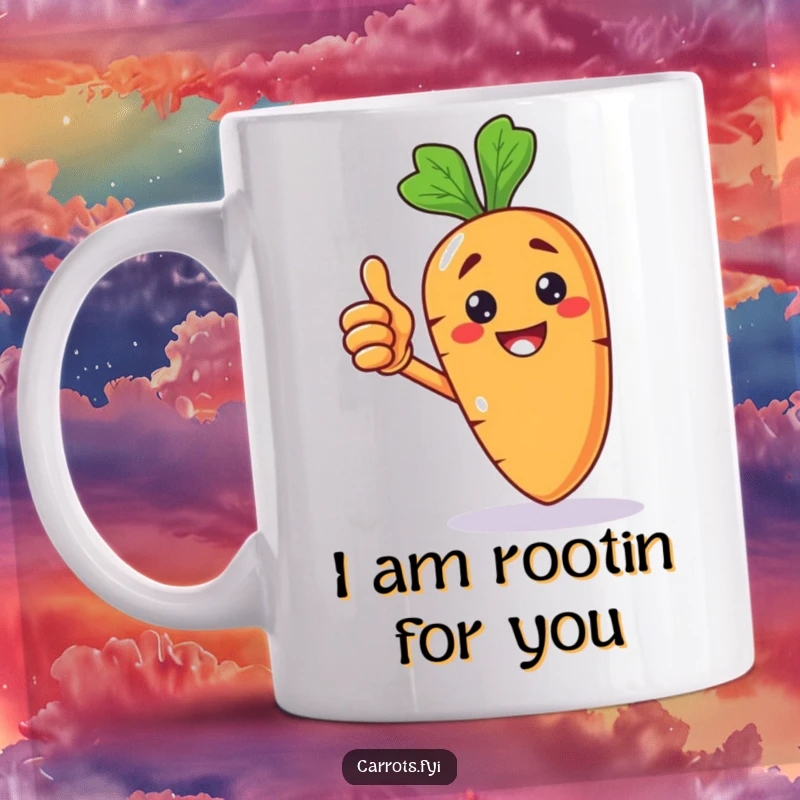 Funny mug of an anthropomorphic carrot character giving a proud thumbs up with a wide, happy grin, radiating positivity and humor.