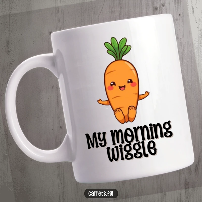 Funny smiling carrot mug with green leafy hair, wiggling its toes happily, conveying playful joy and garden freshness.