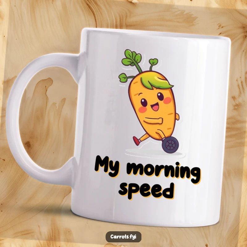 Funny mug with a happy carrot character with green hair zooming on tiny wheels, exuding speed and joy, a perfect funny gift.