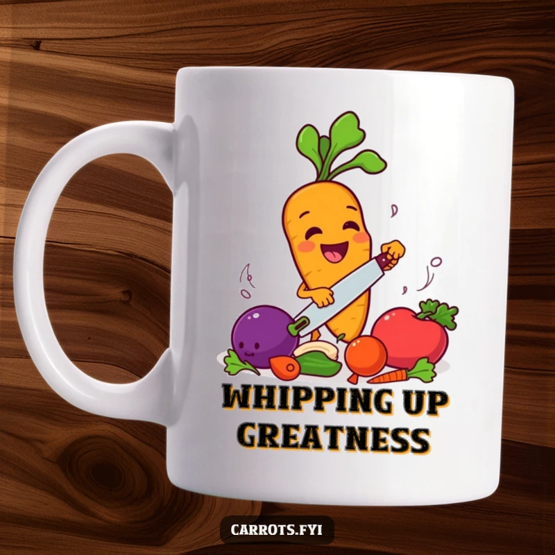 Funny carrot character smiling while enthusiastically chopping other vegetables, promoting a fun kitchen vibe.