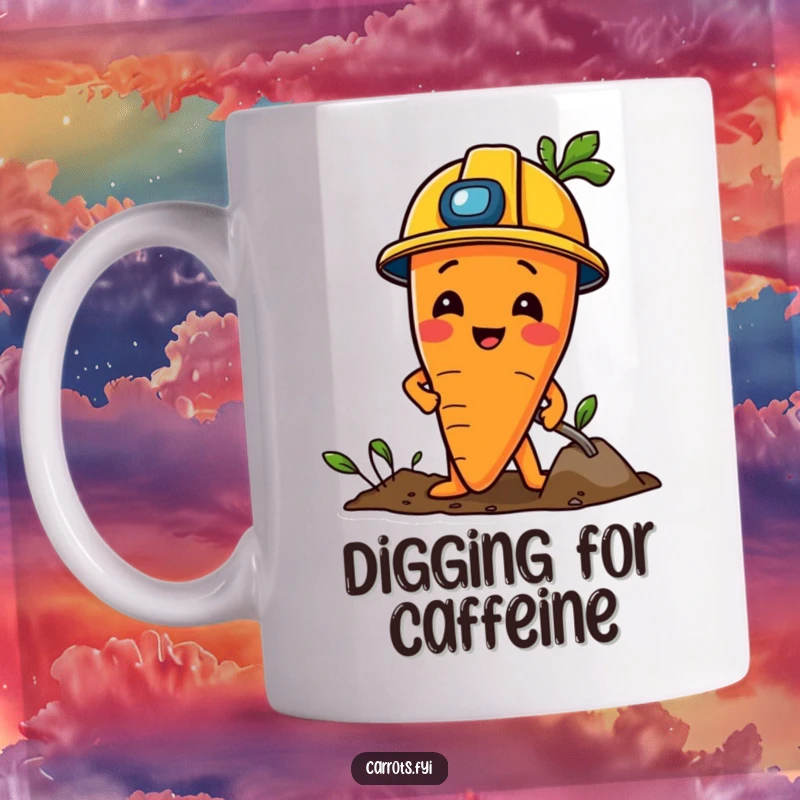 Funny Carrot Mug: A carrot character wearing a construction helmet, playfully digging with tools and enthusiasm.