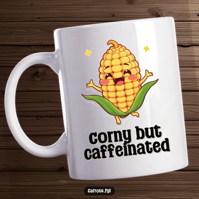Funny mug with an anthropomorphic corn kernel character spinning joyfully, perfect for a cheerful and humorous gift.